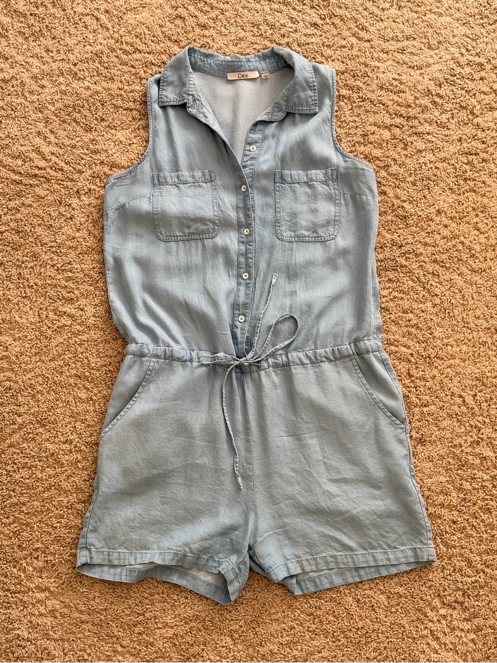 Dex Light Blue Sleeveless Denim-Style Romper with Drawstring